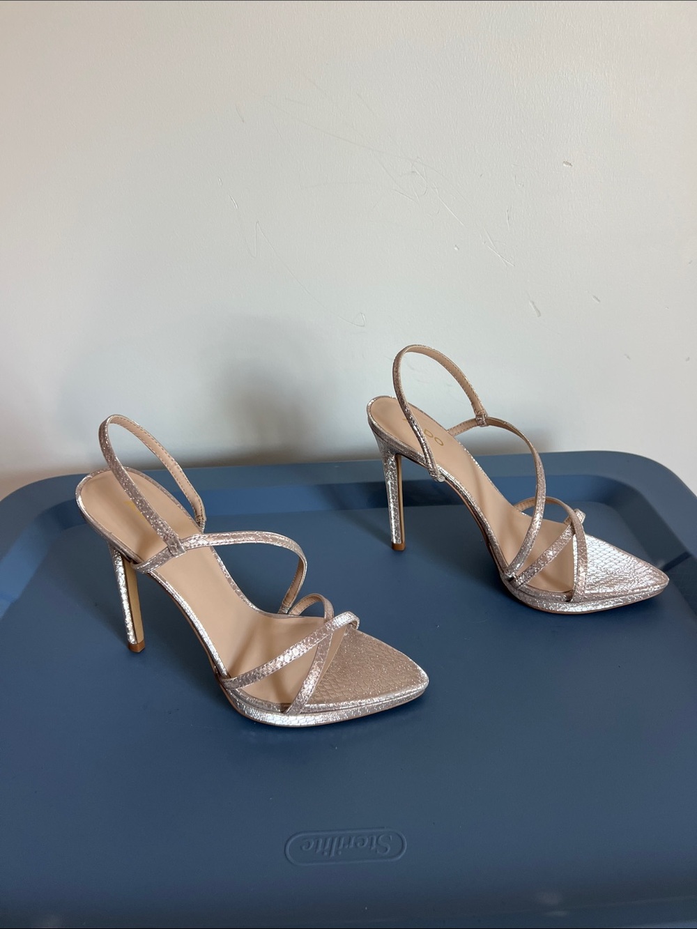Aldo resurge shimmer stiletto open toe sandals heels strappy mock snake design 7 - Picture 10 of 10